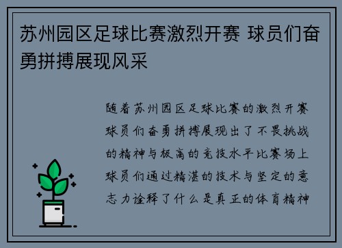 苏州园区足球比赛激烈开赛 球员们奋勇拼搏展现风采