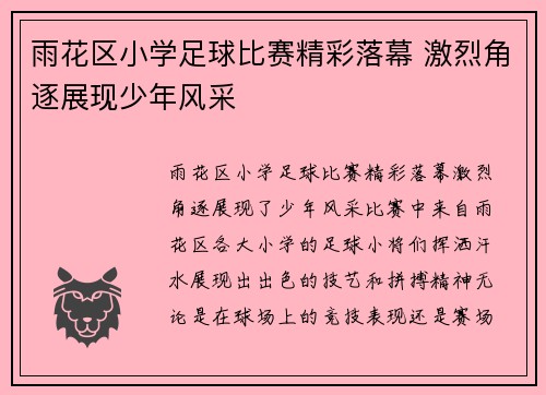 雨花区小学足球比赛精彩落幕 激烈角逐展现少年风采