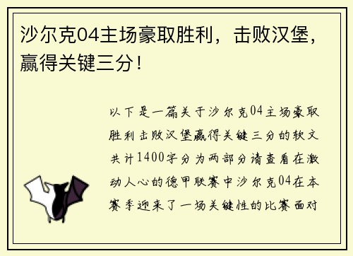 沙尔克04主场豪取胜利，击败汉堡，赢得关键三分！