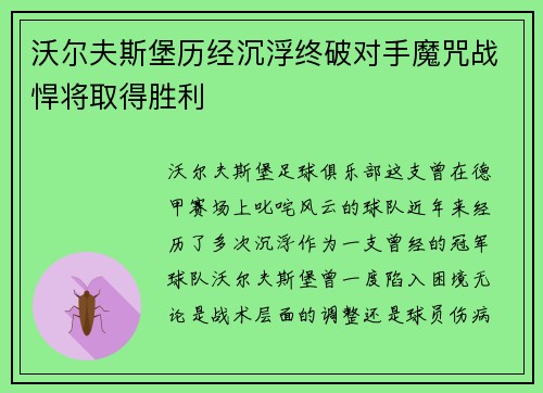 沃尔夫斯堡历经沉浮终破对手魔咒战悍将取得胜利