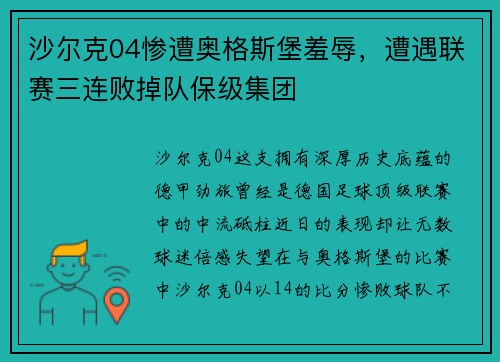 沙尔克04惨遭奥格斯堡羞辱，遭遇联赛三连败掉队保级集团