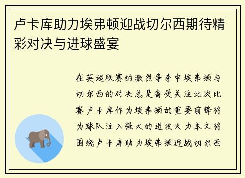 卢卡库助力埃弗顿迎战切尔西期待精彩对决与进球盛宴