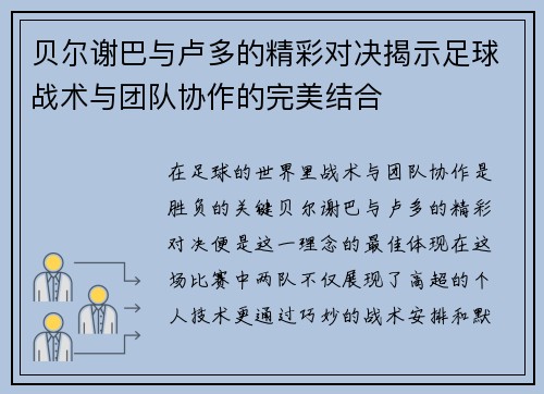 贝尔谢巴与卢多的精彩对决揭示足球战术与团队协作的完美结合