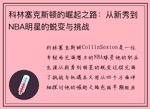 科林塞克斯顿的崛起之路：从新秀到NBA明星的蜕变与挑战