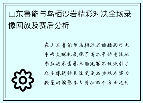 山东鲁能与鸟栖沙岩精彩对决全场录像回放及赛后分析