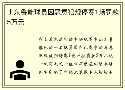 山东鲁能球员因恶意犯规停赛1场罚款5万元