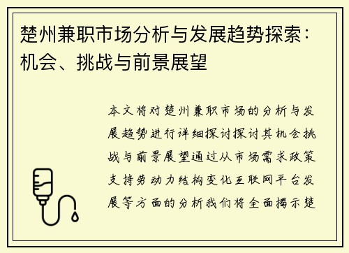 楚州兼职市场分析与发展趋势探索：机会、挑战与前景展望