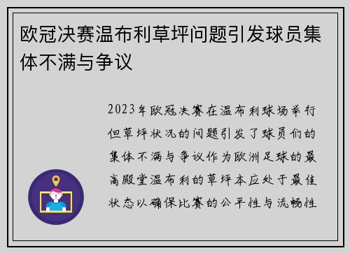 欧冠决赛温布利草坪问题引发球员集体不满与争议