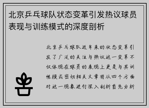 北京乒乓球队状态变革引发热议球员表现与训练模式的深度剖析