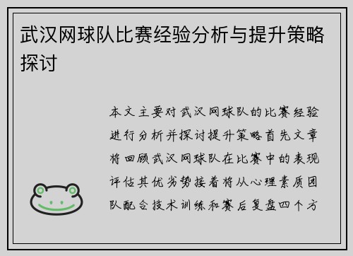武汉网球队比赛经验分析与提升策略探讨